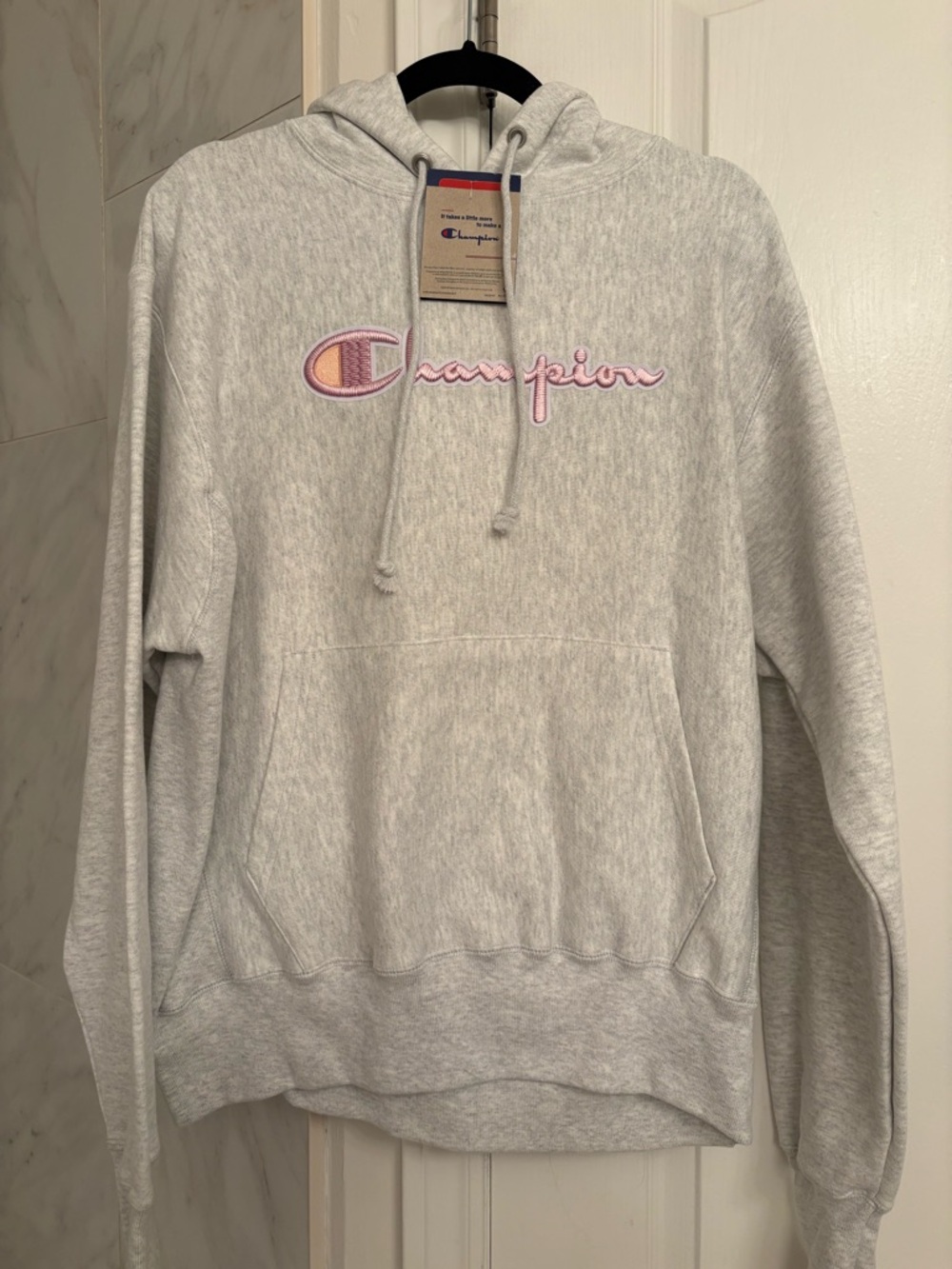 Champion Light Heather Gray Hoodie with Pink Script Logo
